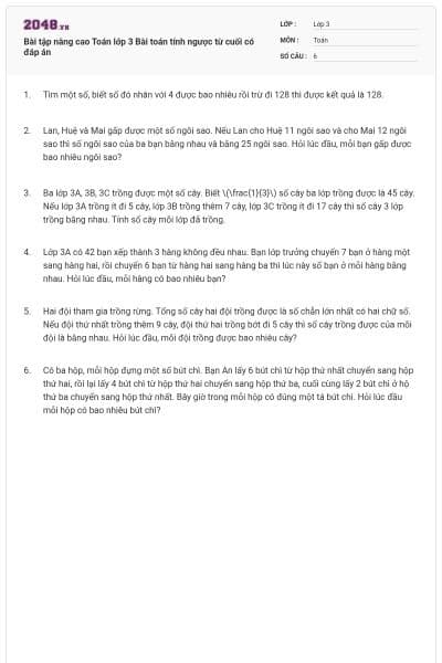 Bài tập nâng cao Toán lớp 3 Bài toán tính ngược từ cuối có đáp án