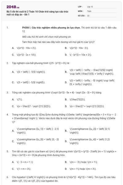 Bộ 5 đề thi cuối kì 2 Toán 10 Chân trời sáng tạo cấu trúc mới có đáp án - Đề 1