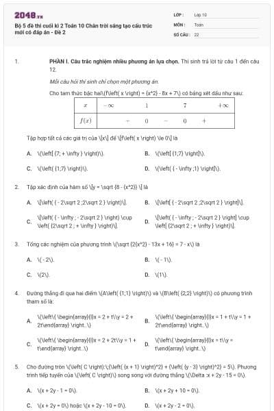 Bộ 5 đề thi cuối kì 2 Toán 10 Chân trời sáng tạo cấu trúc mới có đáp án - Đề 2