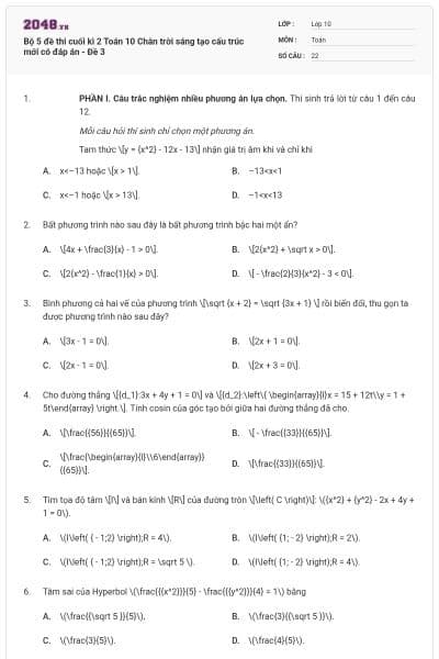 Bộ 5 đề thi cuối kì 2 Toán 10 Chân trời sáng tạo cấu trúc mới có đáp án - Đề 3