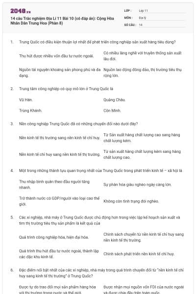 14 câu Trắc nghiệm Địa Lí 11 Bài 10 (có đáp án): Cộng Hòa Nhân Dân Trung Hoa (Phần 8)