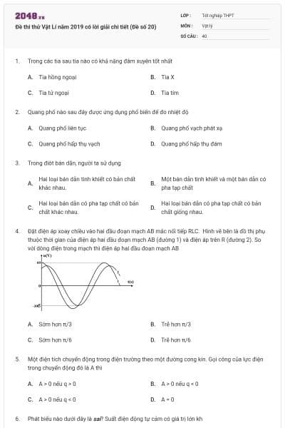 Đề thi thử Vật Lí năm 2019 có lời giải chi tiết (Đề số 20)