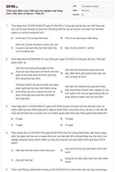 (Viên chức Mầm non) 1398 câu trắc nghiệm Luật Công chức, Viên chức có đáp án - Phần 32