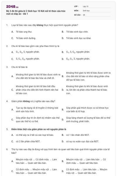 Bộ 3 đề thi giữa kì 2 Sinh học 10 Kết nối tri thức cấu trúc mới có đáp án - Đề 1