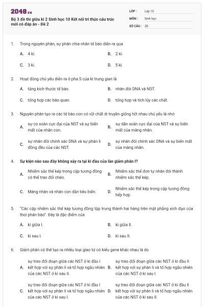 Bộ 3 đề thi giữa kì 2 Sinh học 10 Kết nối tri thức cấu trúc mới có đáp án - Đề 2
