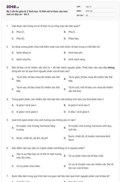 Bộ 3 đề thi giữa kì 2 Sinh học 10 Kết nối tri thức cấu trúc mới có đáp án - Đề 3