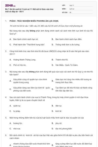 Bộ 7 đề thi cuối kì 2 Lịch sử 11 Kết nối tri thức cấu trúc mới có đáp án - Đề 4