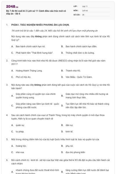 Bộ 7 đề thi cuối kì 2 Lịch sử 11 Cánh diều cấu trúc mới có đáp án - Đề 6