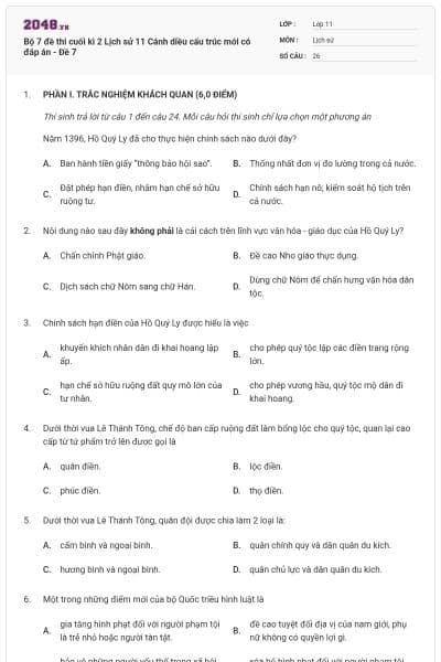 Bộ 7 đề thi cuối kì 2 Lịch sử 11 Cánh diều cấu trúc mới có đáp án - Đề 7
