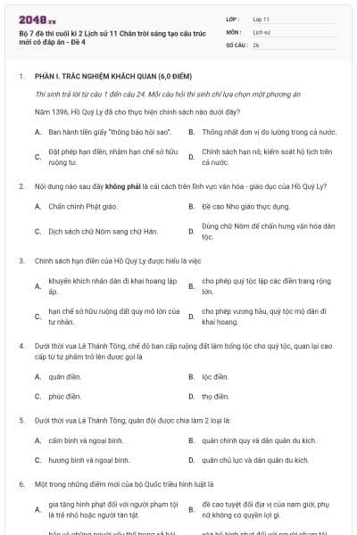 Bộ 7 đề thi cuối kì 2 Lịch sử 11 Chân trời sáng tạo cấu trúc mới có đáp án - Đề 4