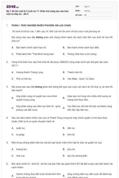 Bộ 7 đề thi cuối kì 2 Lịch sử 11 Chân trời sáng tạo cấu trúc mới có đáp án - Đề 5
