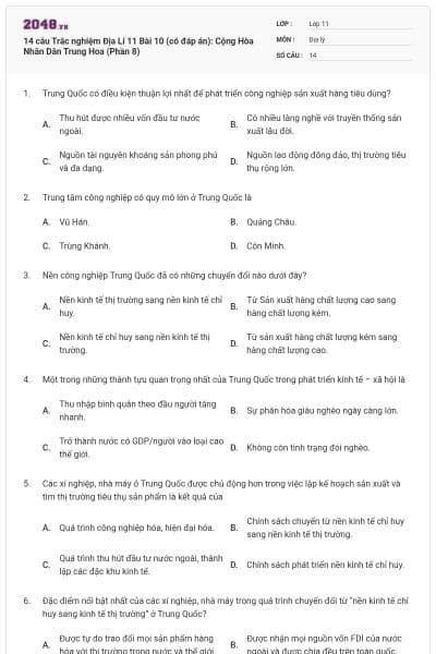 14 câu Trắc nghiệm Địa Lí 11 Bài 10 (có đáp án): Cộng Hòa Nhân Dân Trung Hoa (Phần 8)