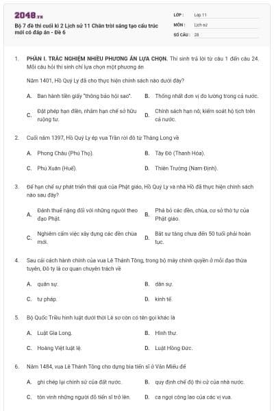 Bộ 7 đề thi cuối kì 2 Lịch sử 11 Chân trời sáng tạo cấu trúc mới có đáp án - Đề 6