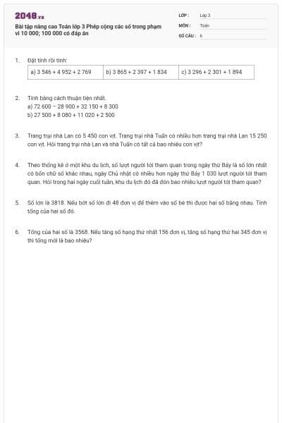 Bài tập nâng cao Toán lớp 3 Phép cộng các số trong phạm vi 10 000; 100 000 có đáp án