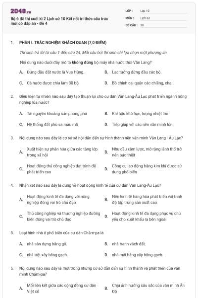 Bộ 6 đề thi cuối kì 2 Lịch sử 10 Kết nối tri thức cấu trúc mới có đáp án - Đề 4
