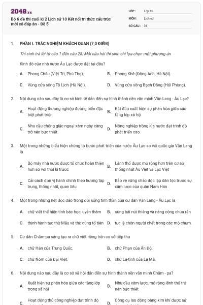 Bộ 6 đề thi cuối kì 2 Lịch sử 10 Kết nối tri thức cấu trúc mới có đáp án - Đề 5