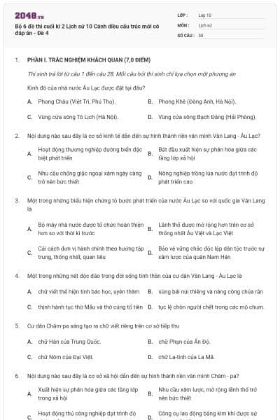 Bộ 6 đề thi cuối kì 2 Lịch sử 10 Cánh diều cấu trúc mới có đáp án - Đề 4