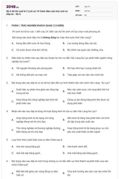 Bộ 6 đề thi cuối kì 2 Lịch sử 10 Cánh diều cấu trúc mới có đáp án - Đề 6