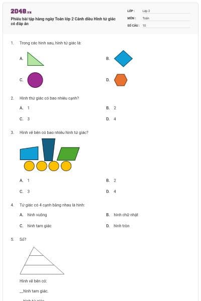 Phiếu bài tập hàng ngày Toán lớp 2 Cánh diều Hình tứ giác có đáp án