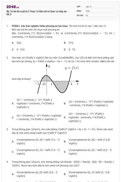 Bộ 10 đề thi cuối kì 2 Toán 12 Kết nối tri thức có đáp án - Đề 2