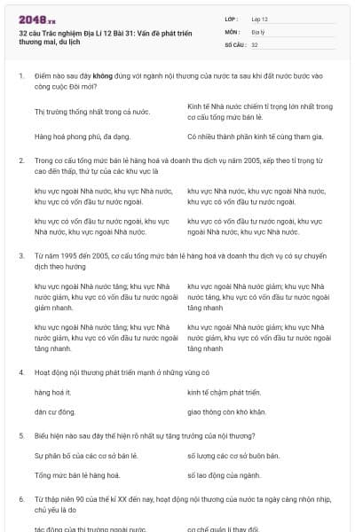32 câu Trắc nghiệm Địa Lí 12 Bài 31: Vấn đề phát triển thương mai, du lịch