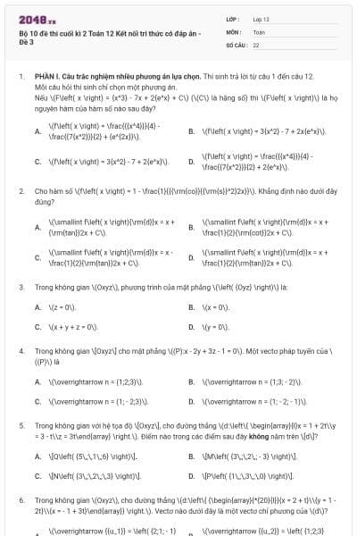Bộ 10 đề thi cuối kì 2 Toán 12 Kết nối tri thức có đáp án - Đề 3
