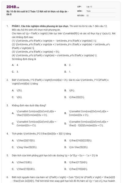 Bộ 10 đề thi cuối kì 2 Toán 12 Kết nối tri thức có đáp án - Đề 8