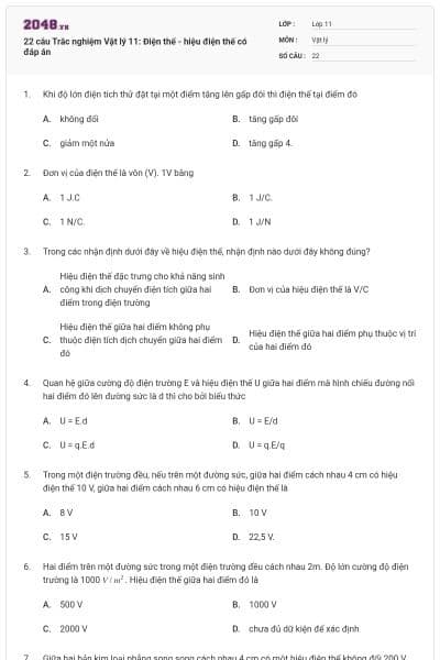 22 câu  Trắc nghiệm Vật lý 11: Điện thế - hiệu điện thế có đáp án