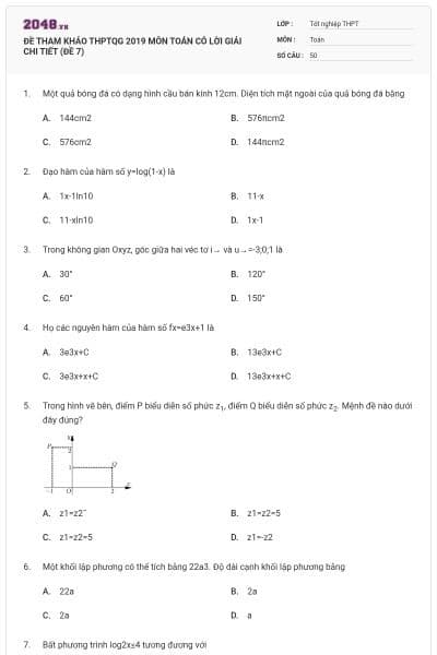 ĐỀ THAM KHẢO THPTQG 2019 MÔN TOÁN CÓ LỜI GIẢI CHI TIẾT (ĐỀ 7)