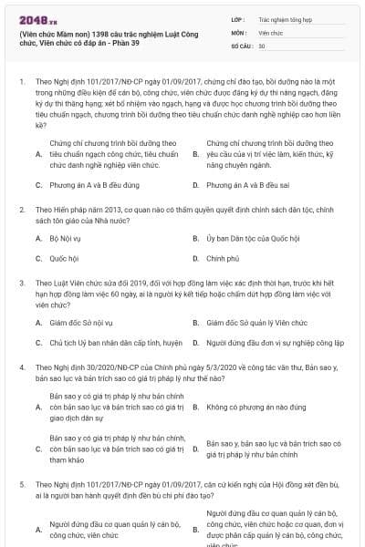 (Viên chức Mầm non) 1398 câu trắc nghiệm Luật Công chức, Viên chức có đáp án - Phần 39