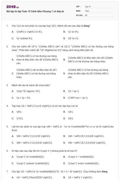 Bài tập ôn tập Toán 10 Cánh diều Chương 1 có đáp án