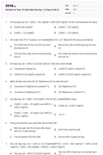 Đề kiểm tra Toán 10 Cánh diều Chương 1 có đáp án (Đề 2)