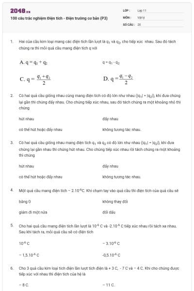 100 câu trắc nghiệm Điện tích - Điện trường cơ bản (P3)