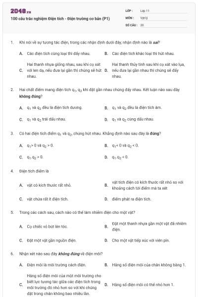 100 câu trắc nghiệm Điện tích - Điện trường cơ bản (P1)