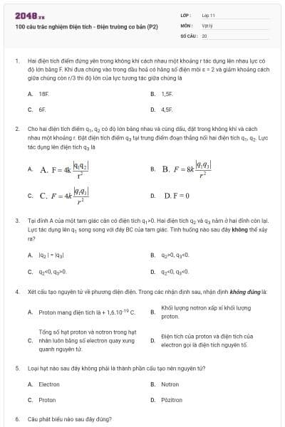 100 câu trắc nghiệm Điện tích - Điện trường cơ bản (P2)