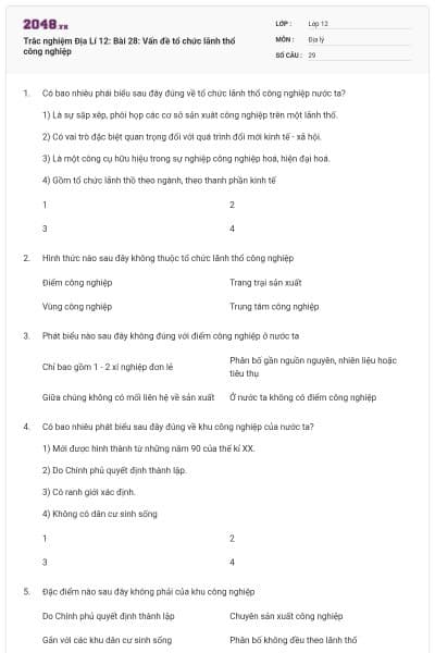Trắc nghiệm Địa Lí 12: Bài 28: Vấn đề tổ chức lãnh thổ công nghiệp