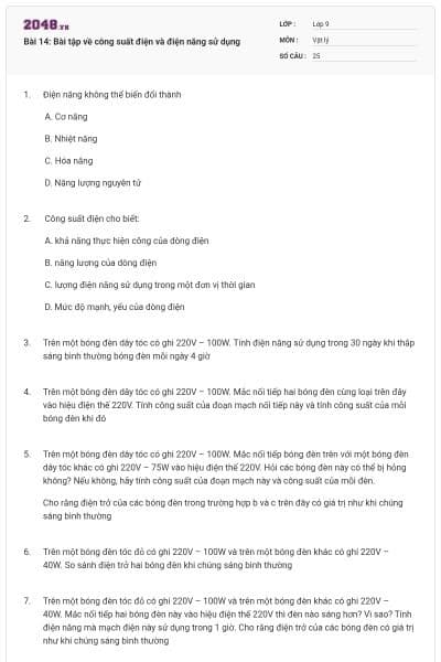 Bài 14: Bài tập về công suất điện và điện năng sử dụng