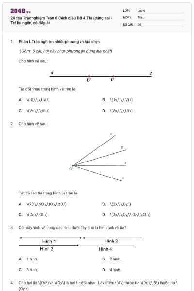 20 câu Trắc nghiệm Toán 6 Cánh diều Bài 4.Tia (Đúng sai - Trả lời ngắn) có đáp án