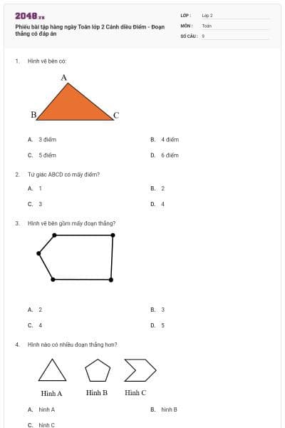 Phiếu bài tập hàng ngày Toán lớp 2 Cánh diều Điểm - Đoạn thẳng có đáp án