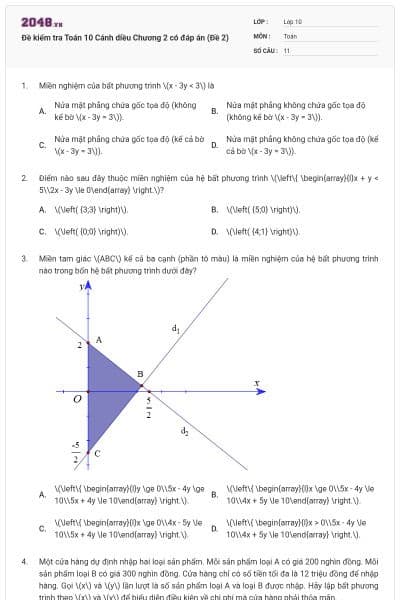 Đề kiểm tra Toán 10 Cánh diều Chương 2 có đáp án (Đề 2)