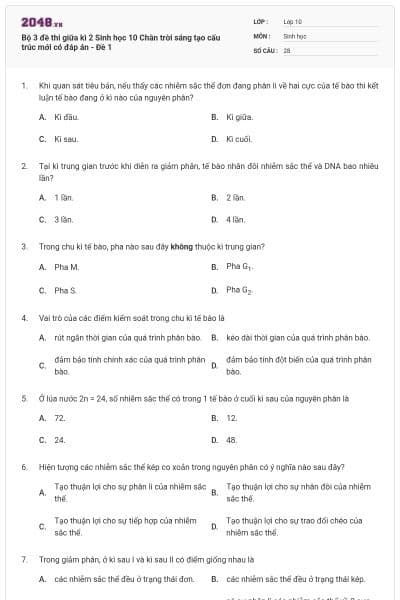 Bộ 3 đề thi giữa kì 2 Sinh học 10 Chân trời sáng tạo cấu trúc mới có đáp án - Đề 1