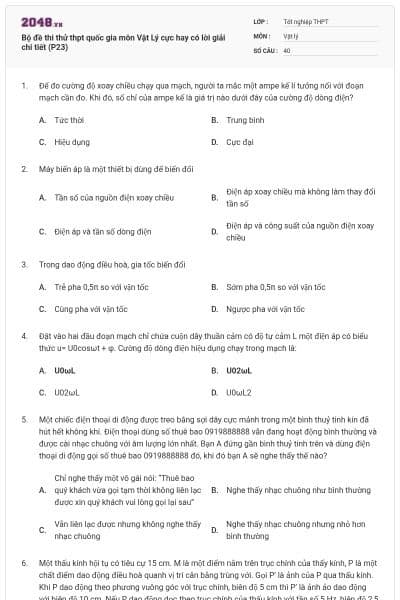 Bộ đề thi thử thpt quốc gia môn Vật Lý cực hay có lời giải chi tiết (P23)