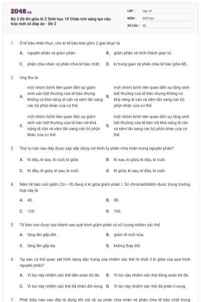 Bộ 3 đề thi giữa kì 2 Sinh học 10 Chân trời sáng tạo cấu trúc mới có đáp án - Đề 2