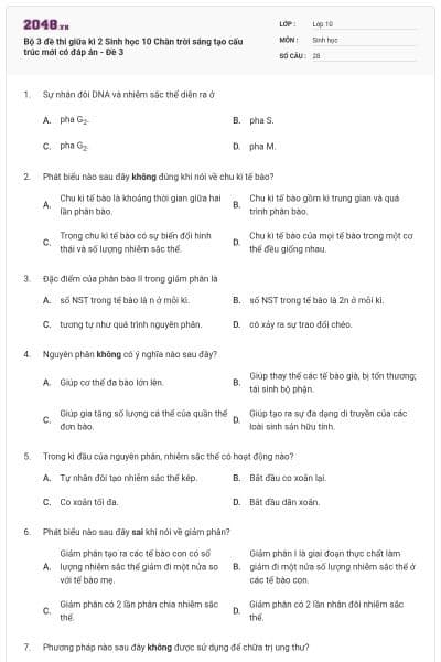 Bộ 3 đề thi giữa kì 2 Sinh học 10 Chân trời sáng tạo cấu trúc mới có đáp án - Đề 3