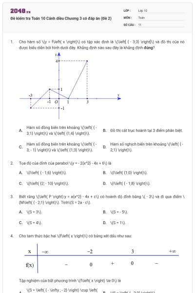 Đề kiểm tra Toán 10 Cánh diều Chương 3 có đáp án (Đề 2)