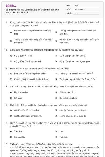 Bộ 2 đề thi cuối kì 2 Lịch sử & Địa lí 9 Cánh diều cấu trúc mới có đáp án - Đề số 1