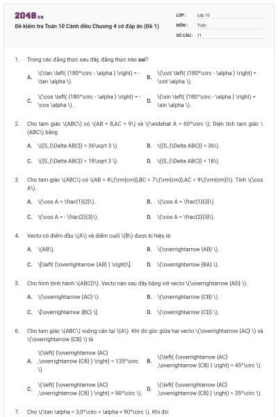 Đề kiểm tra Toán 10 Cánh diều Chương 4 có đáp án (Đề 1)