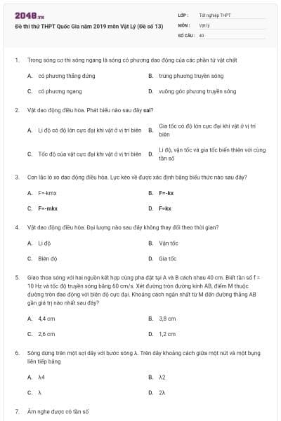 Đề thi thử THPT Quốc Gia năm 2019 môn Vật Lý (Đề số 13)