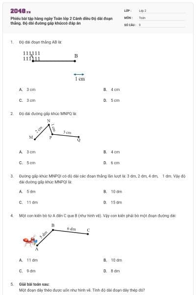 Phiếu bài tập hàng ngày Toán lớp 2 Cánh diều Độ dài đoạn thẳng. Độ dài đường gấp khúccó đáp án