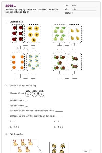 Phiếu bài tập hàng ngày Toán lớp 1 Cánh diều Lớn hơn, bé hơn, bằng nhau có đáp án